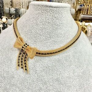 Vintage Gold Tone Mesh And Black Rhinestone Bow Tassel Necklace